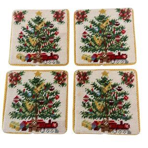 C&F Enterprises Needlepoint Christmas Tree Coasters Set of 4 with Box